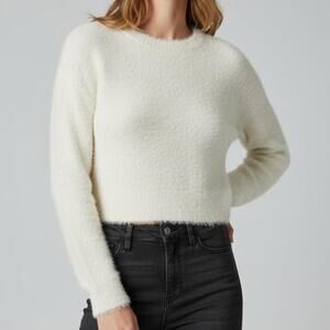 American Eagle Cream Fuzzy Cropped Sweater Small Soft Girl Y2K Coquette Winter